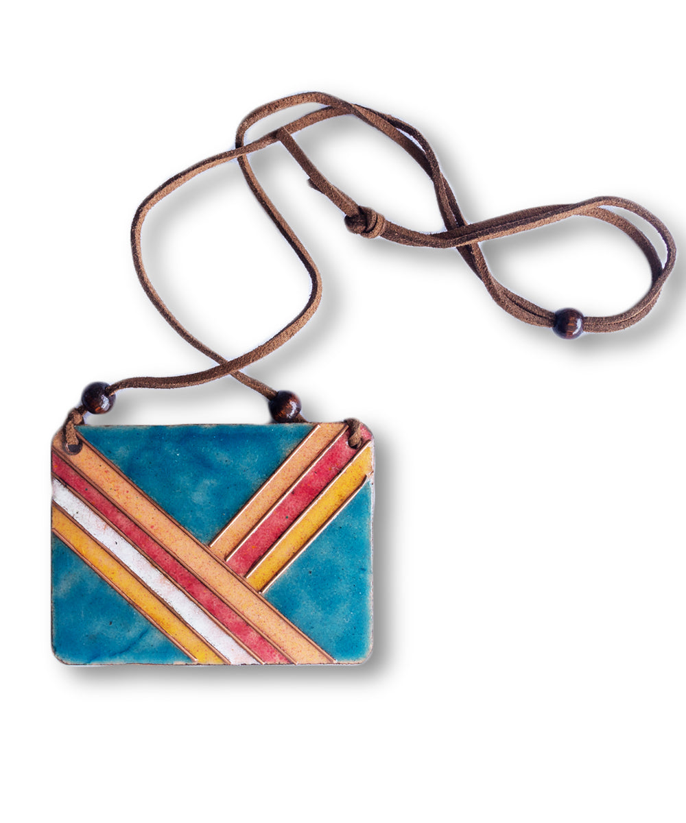 Multicolor faux leather copper enamel pendant with wooden bead string