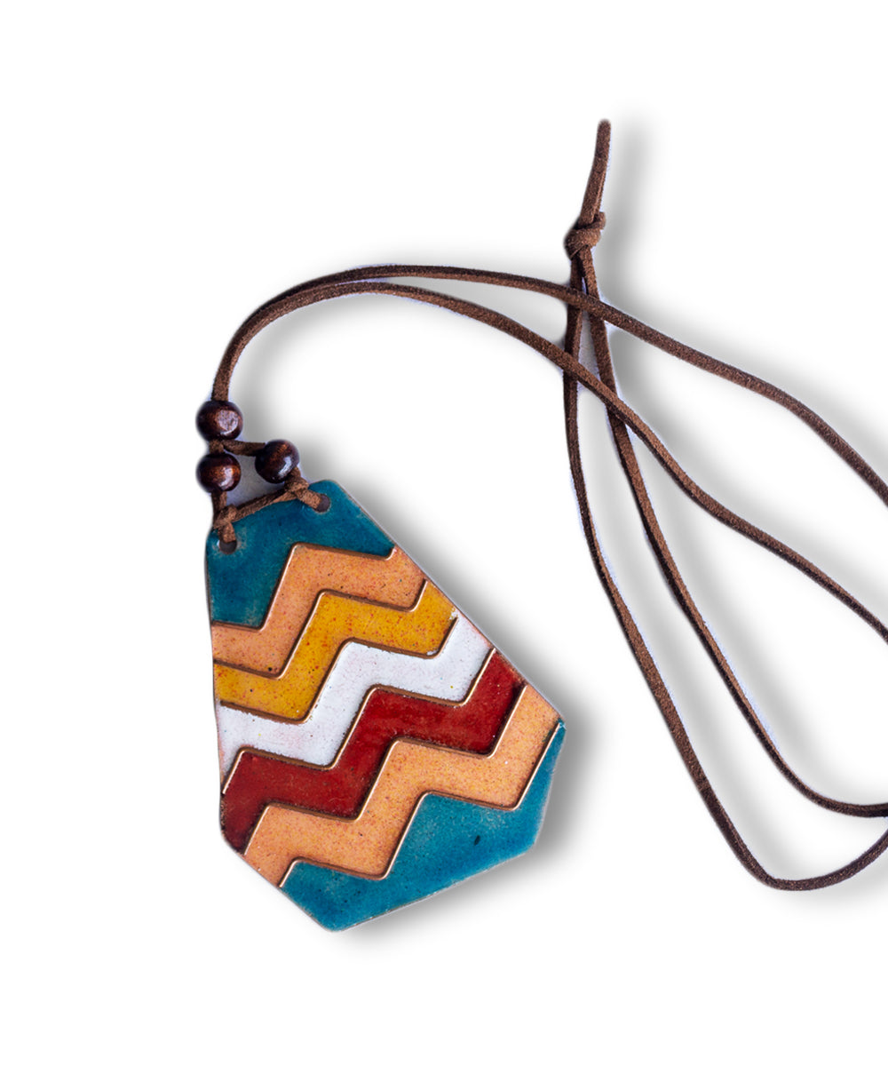 Multicolour faux leather copper enamel pendant with wooden bead string