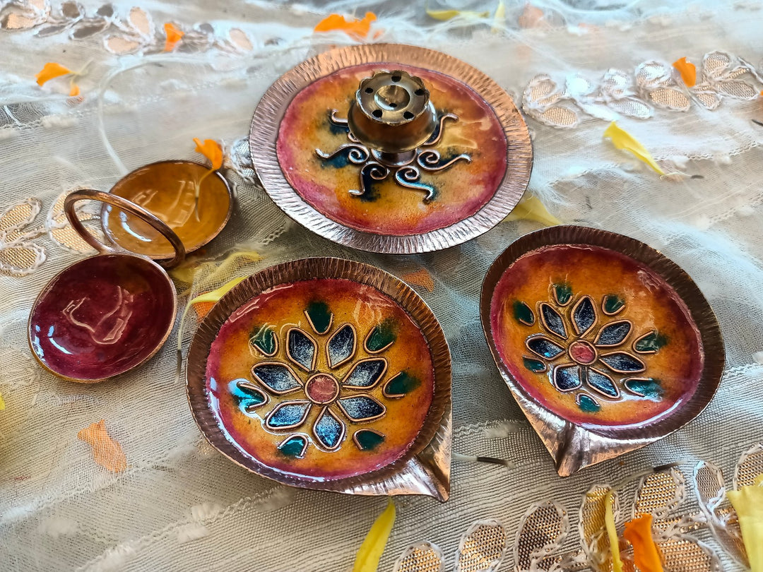 Handcrafted enamel pooja essential set with diya