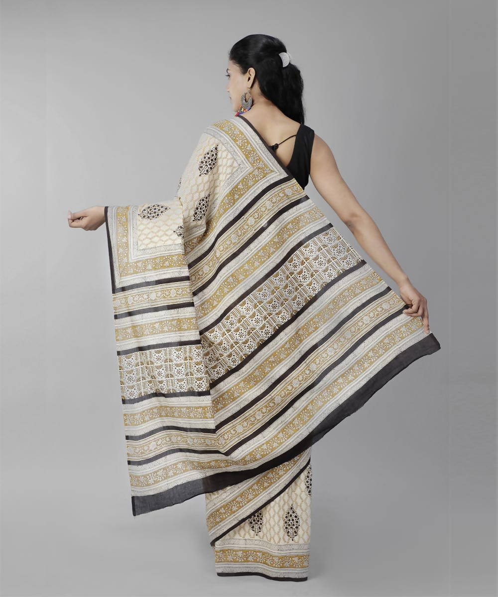 Beige cream bagru handblock printed cotton saree