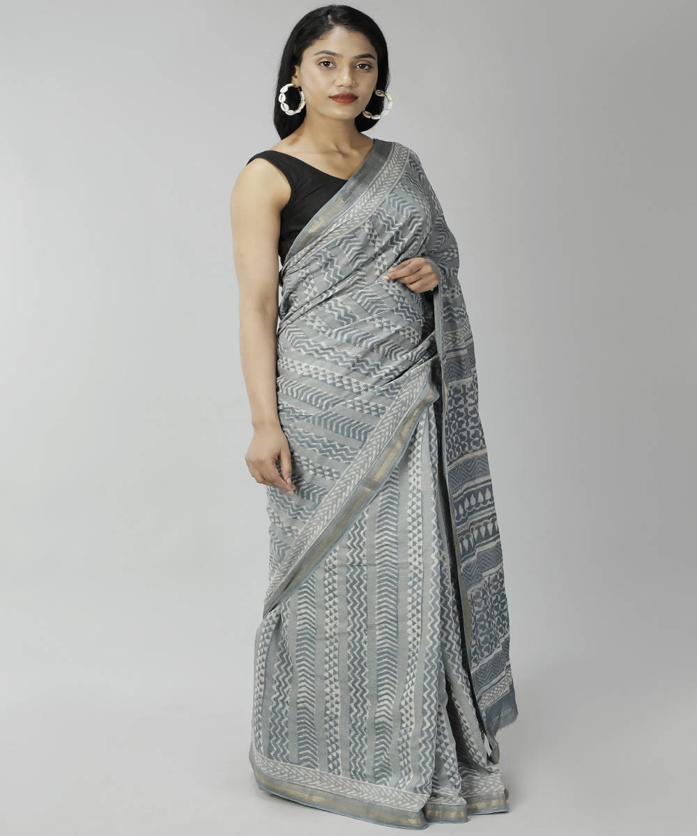 Grey bagru handblock printed cotton silk saree