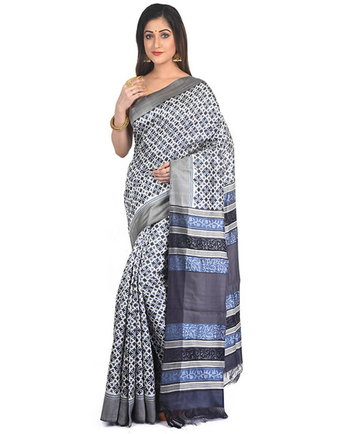 Grey handblock printed eri silk saree