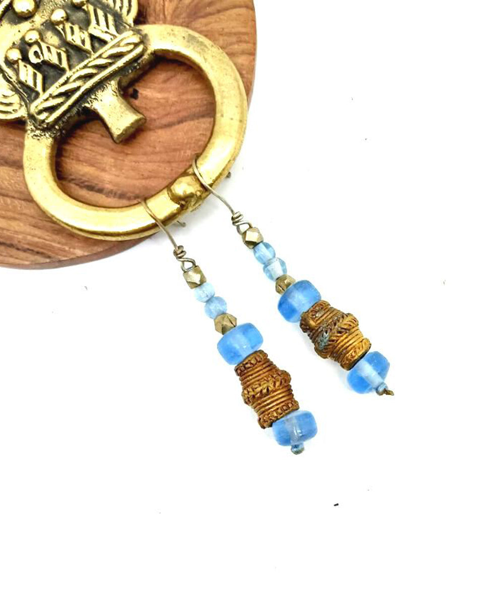 Brass and blue glass beads long handmade earring