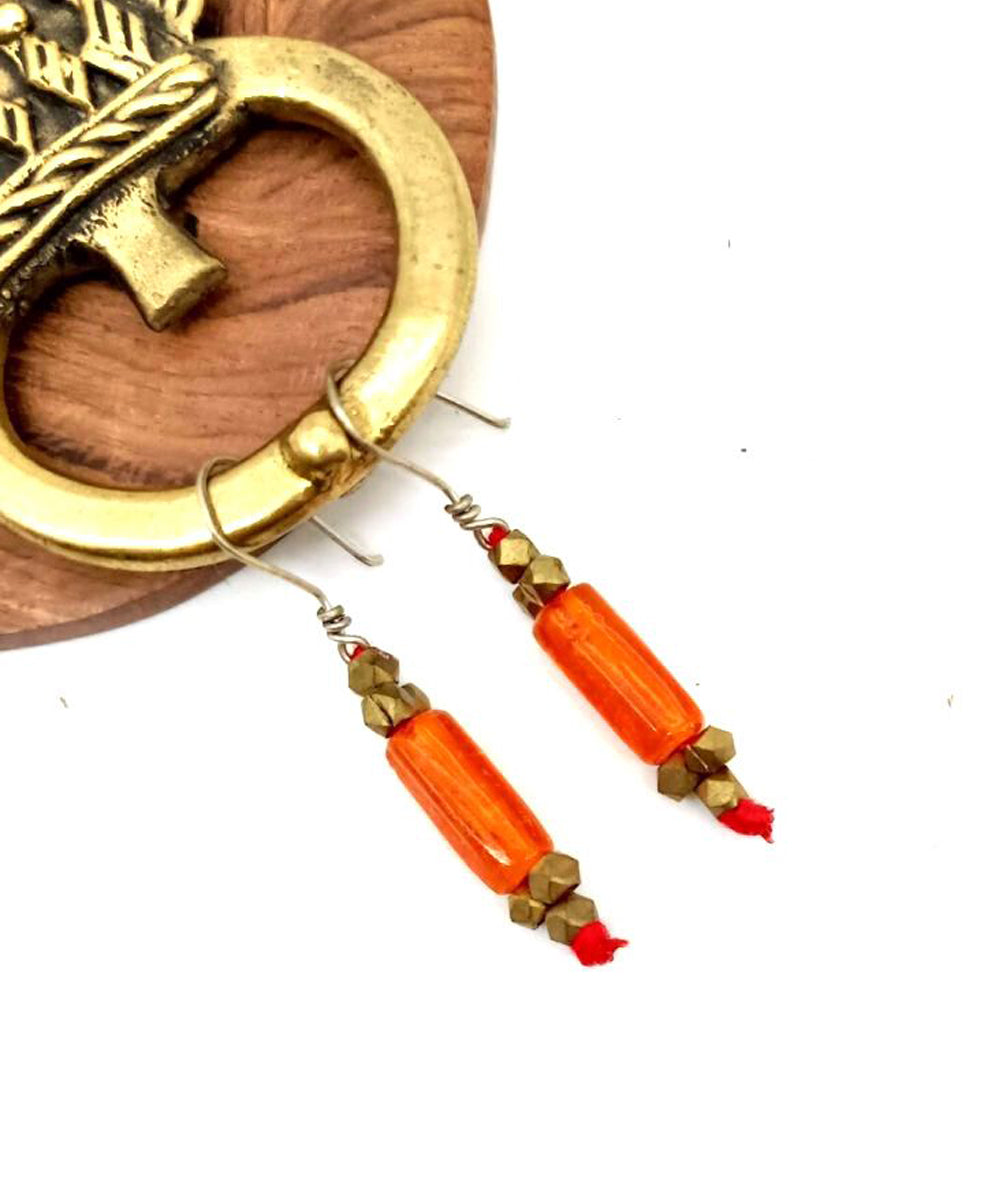 Brass and orange glass beads long handmade earring