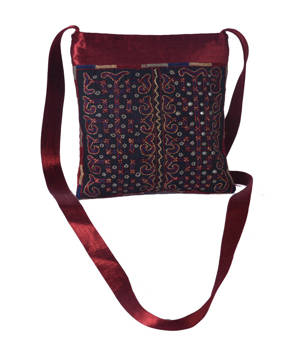 Maroon blue hand embroidery mashroo cross body bag