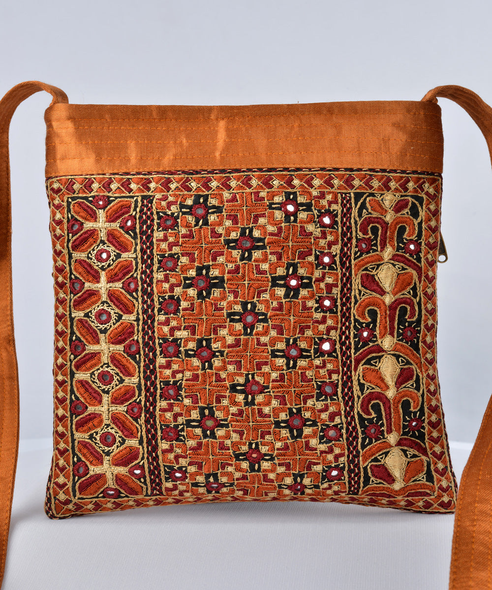 Rust multicolor hand embroidery mashroo cross body bag