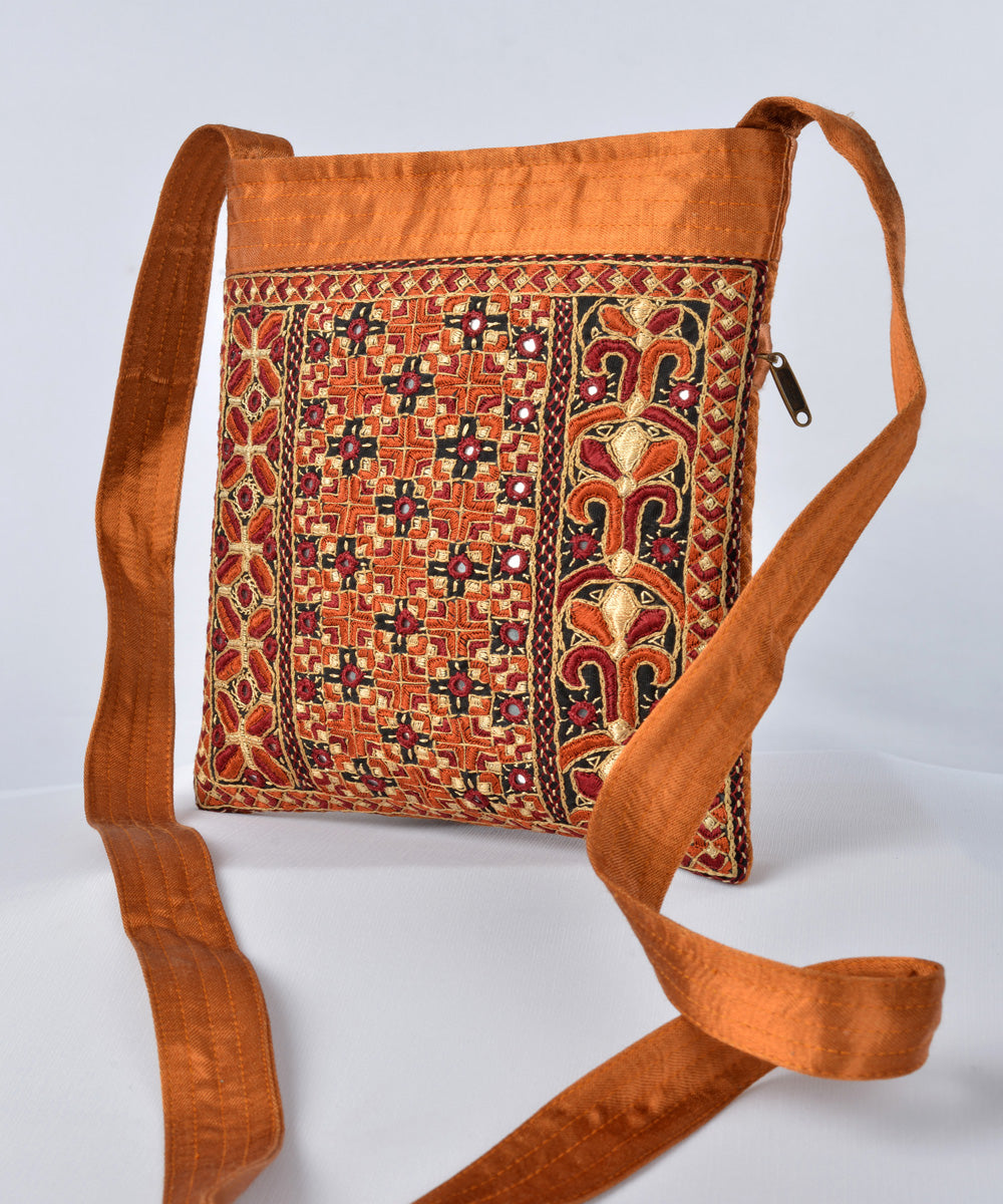 Rust multicolor hand embroidery mashroo cross body bag