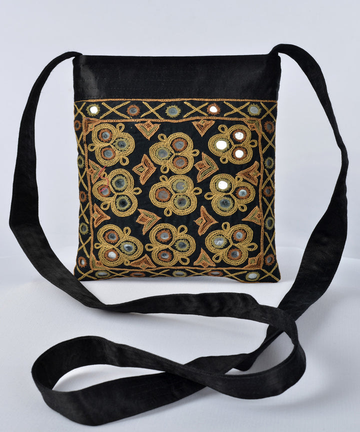 Black multicolour hand embroidery cross body mashroo bag