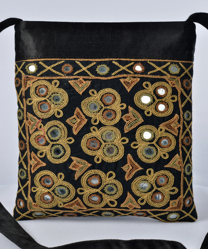Black multicolour hand embroidery cross body mashroo bag