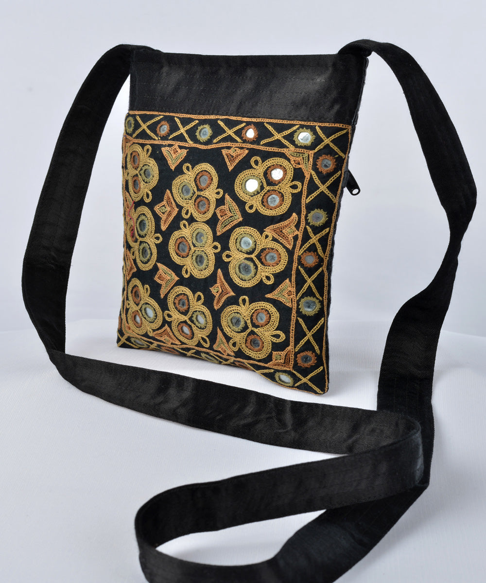 Black multicolour hand embroidery cross body mashroo bag