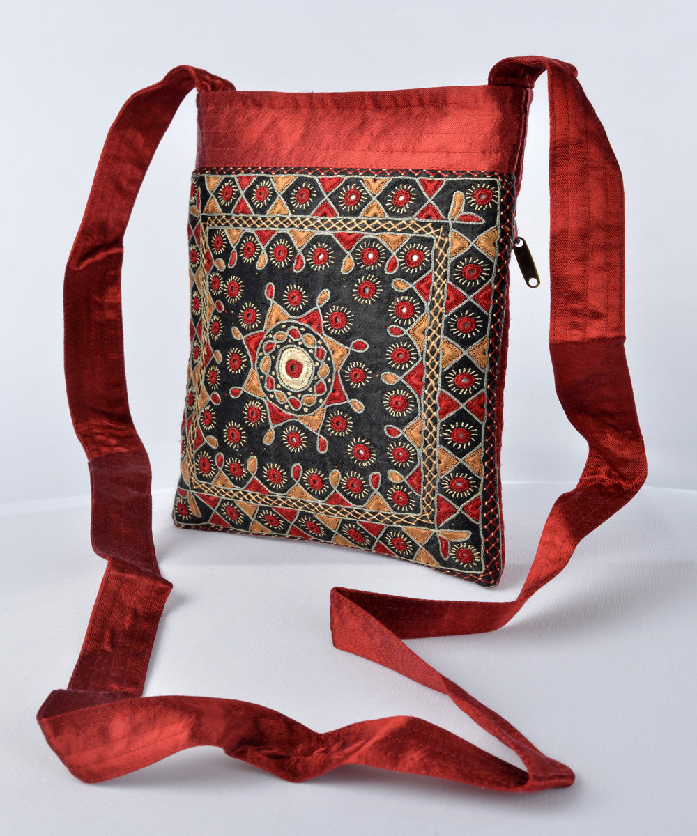 Maroon multicolor hand embroidered mashroo cross body bag