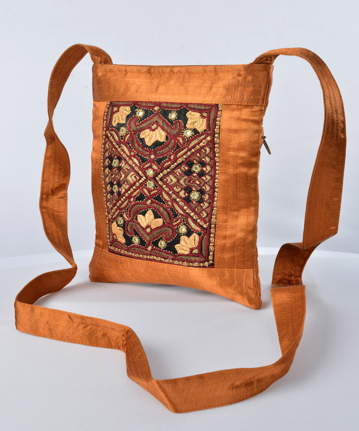 Rust multicolour hand embroidered mashroo cross body bag