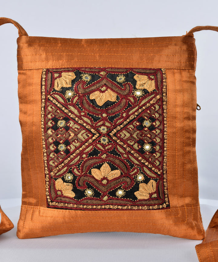 Rust multicolour hand embroidered mashroo cross body bag