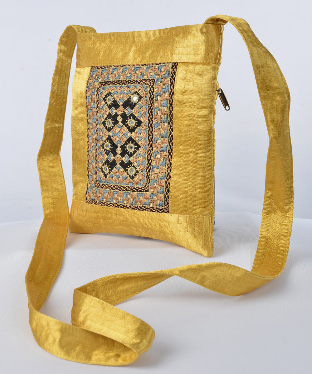 Yellow multicolor hand embroidered mashroo cross body bag