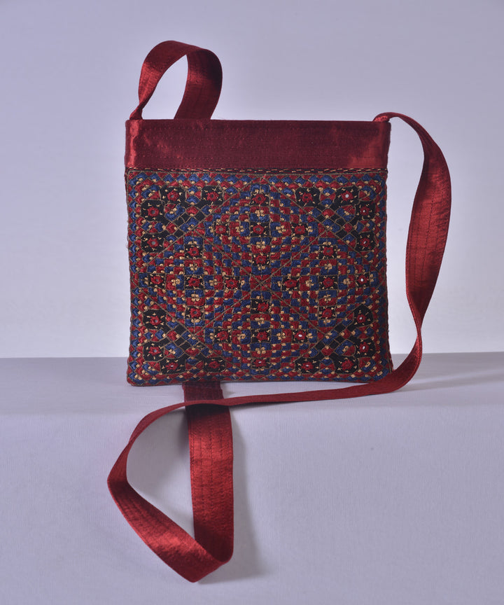 Maroon multi color kutchy hand embroidery mashroo cross body bag