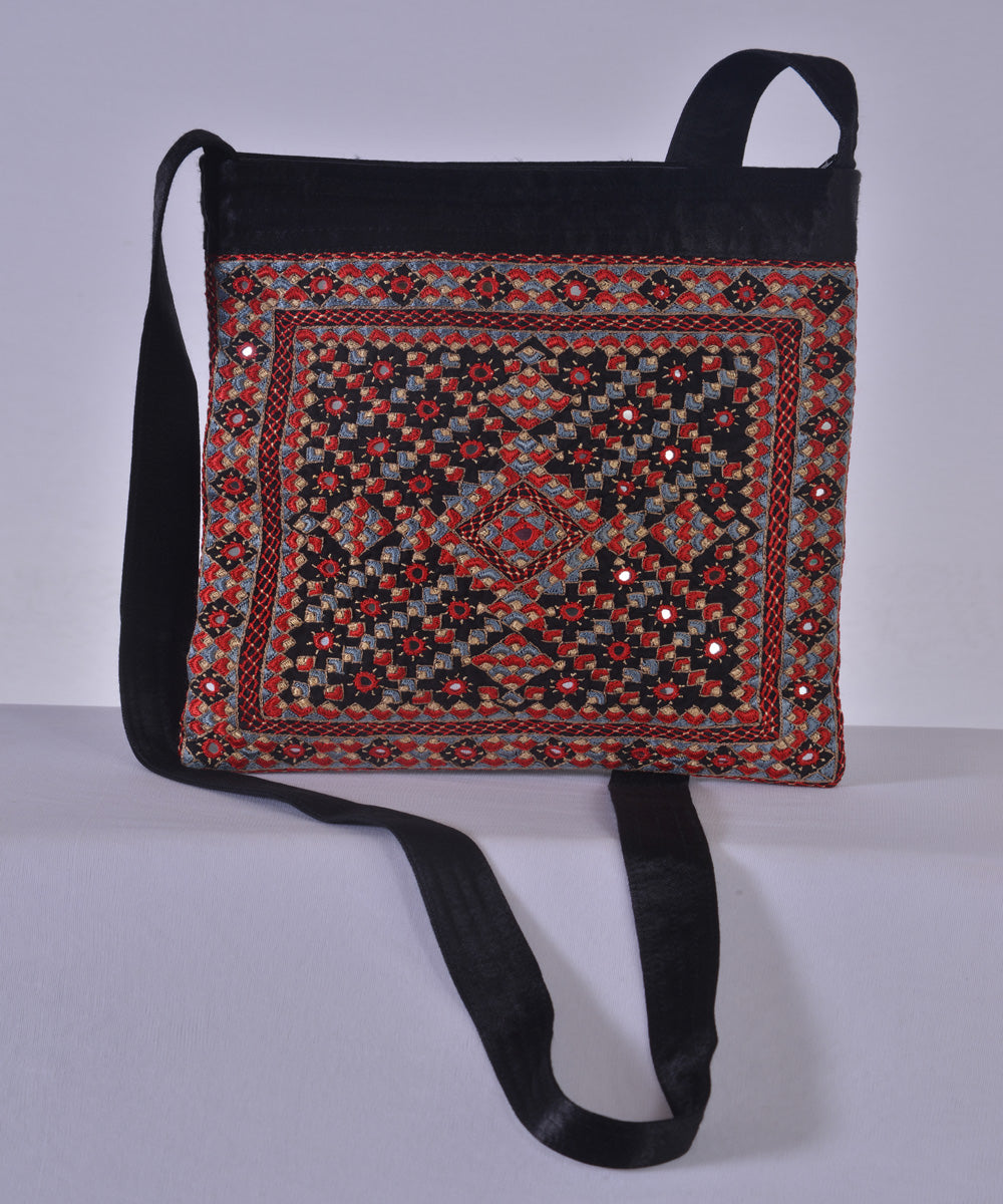 Black multi color kutchy hand embroidery mashroo cross body bag