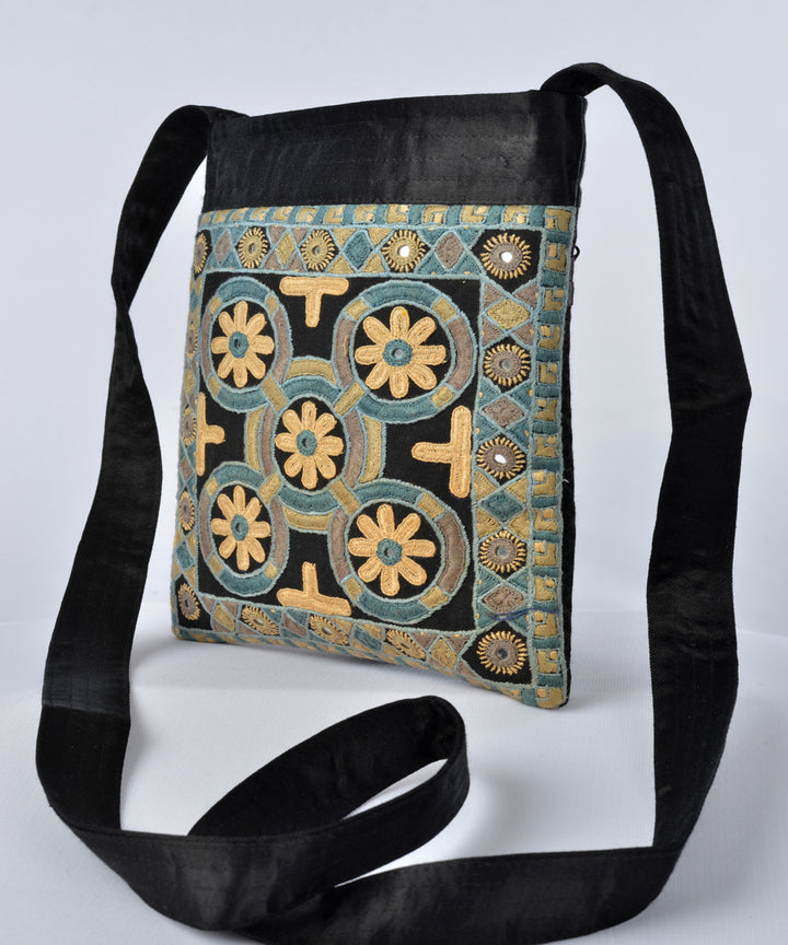 Black multi colour hand embroidery mashroo cross body bag