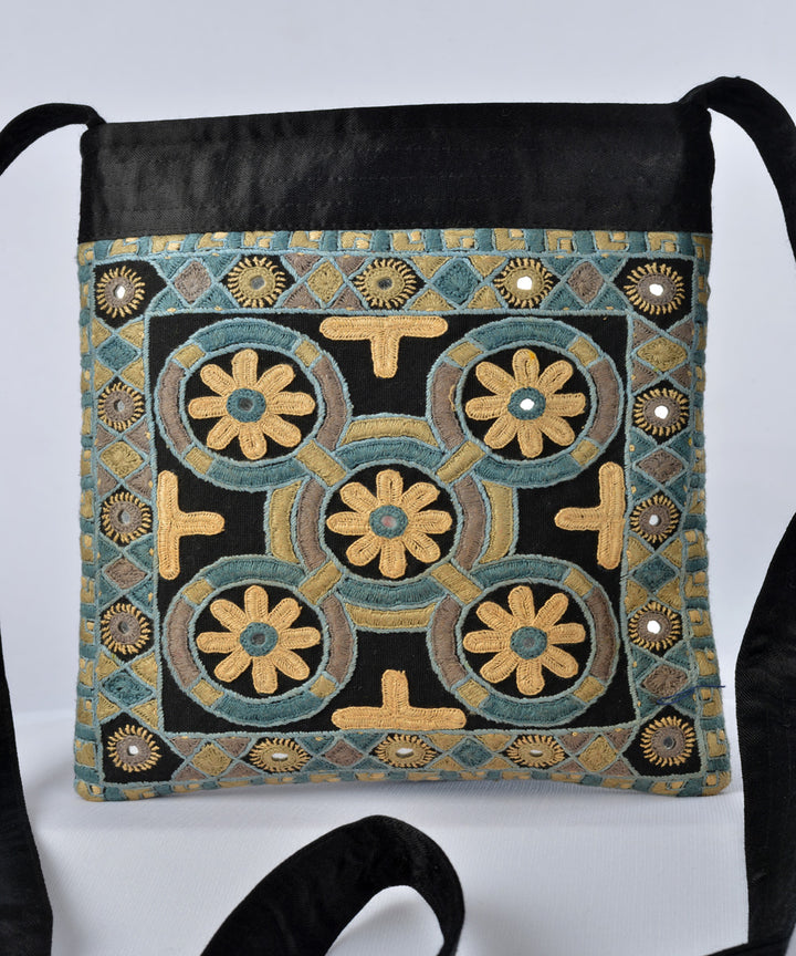 Black multi colour hand embroidery mashroo cross body bag