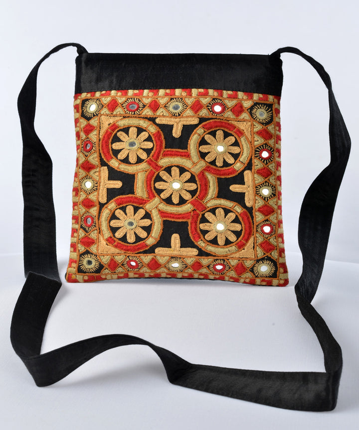 Black multicolour hand embroidered mashroo cross body bag