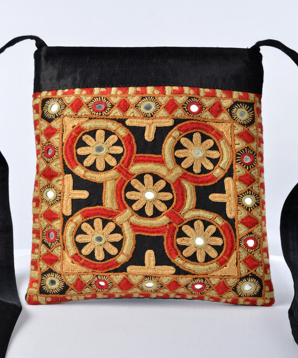 Black multicolour hand embroidered mashroo cross body bag
