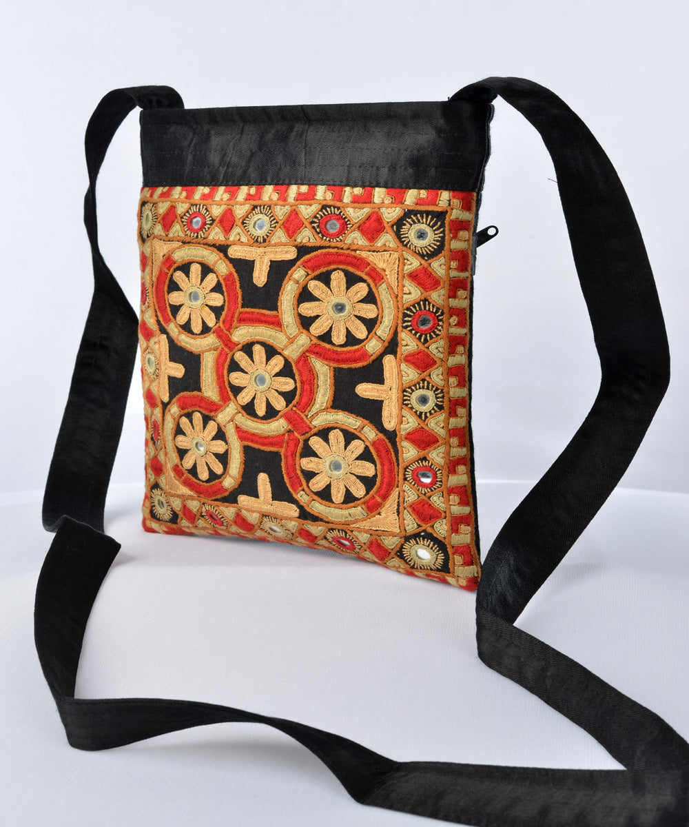 Black multicolour hand embroidered mashroo cross body bag