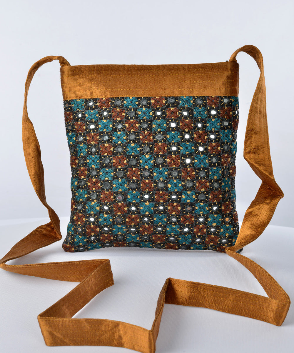 Rust multicolor hand embroidered mashroo cross body bag