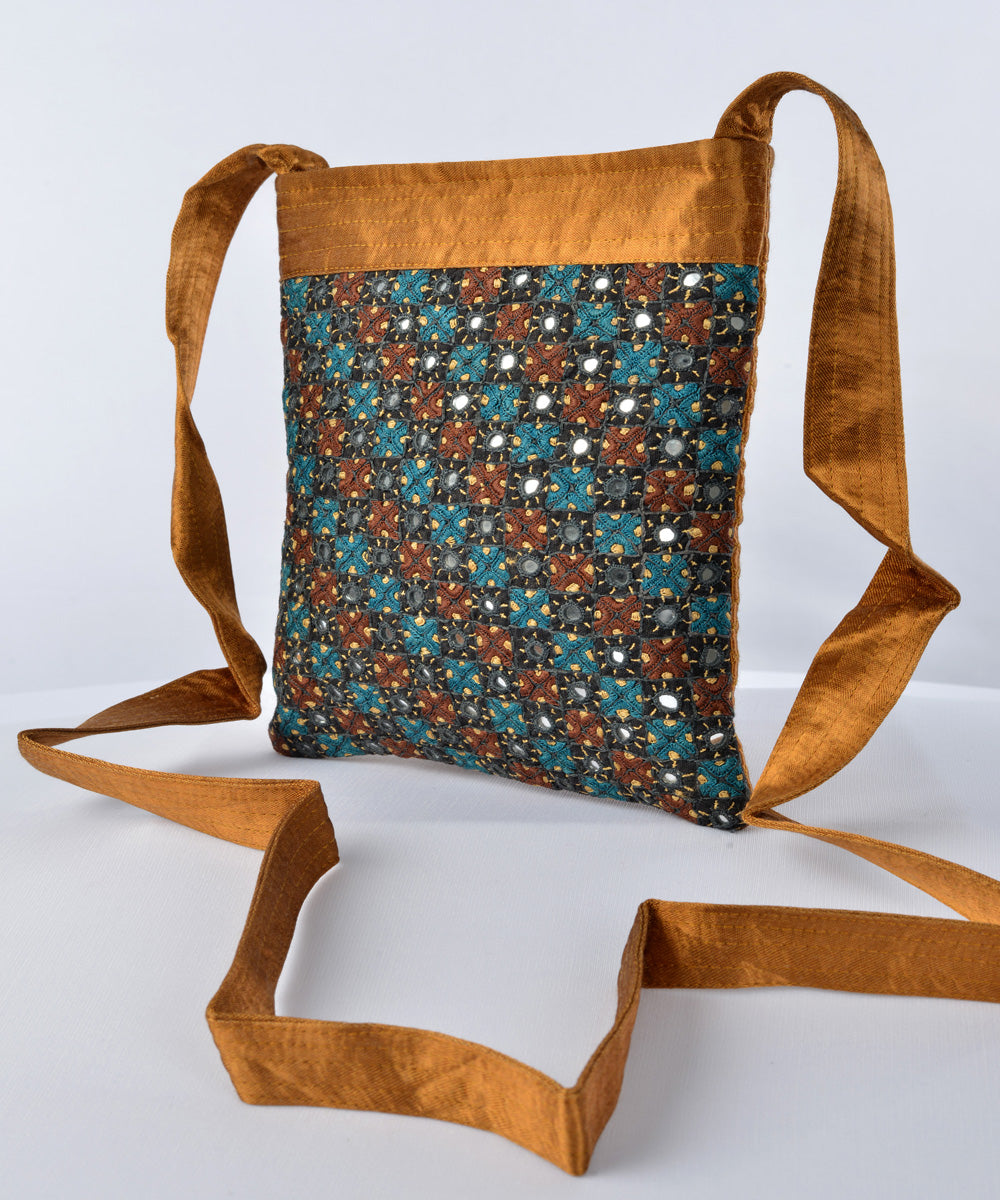 Rust multicolor hand embroidered mashroo cross body bag