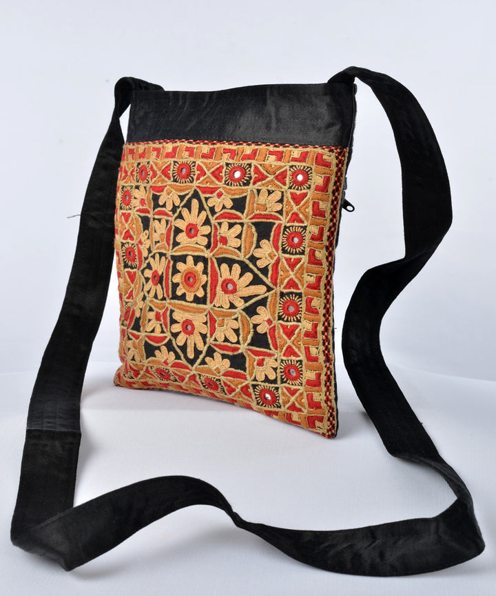 Black multi colour hand embroidered mashroo cross body bag