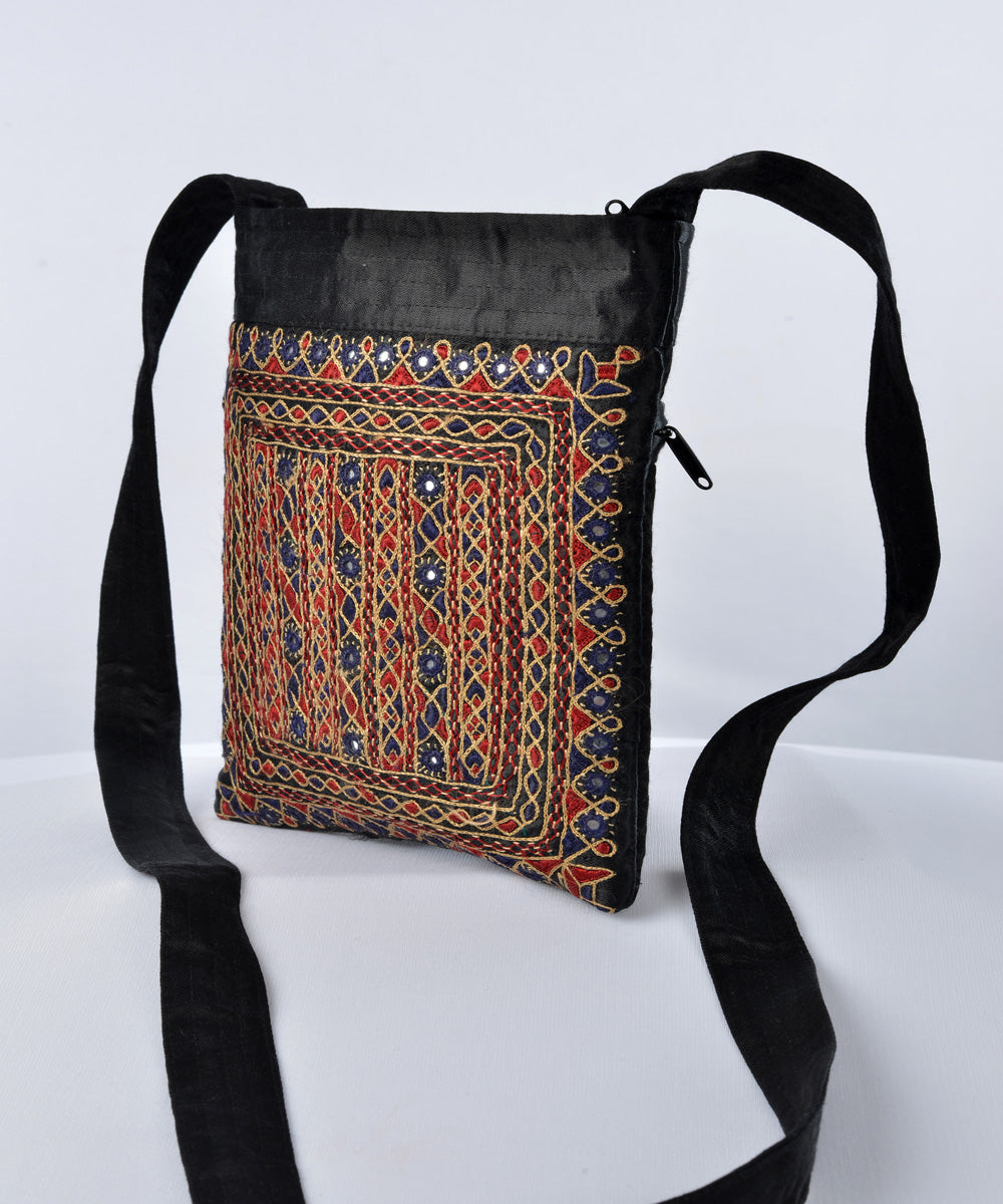 Black multicolor hand embroidered mashroo cross body bag