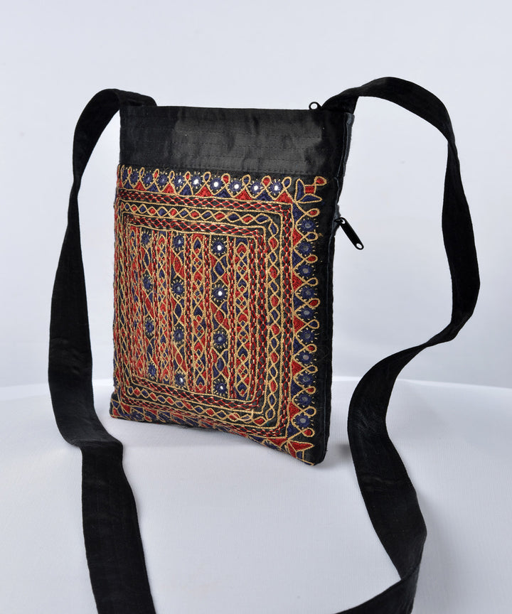Black multicolor hand embroidered mashroo cross body bag