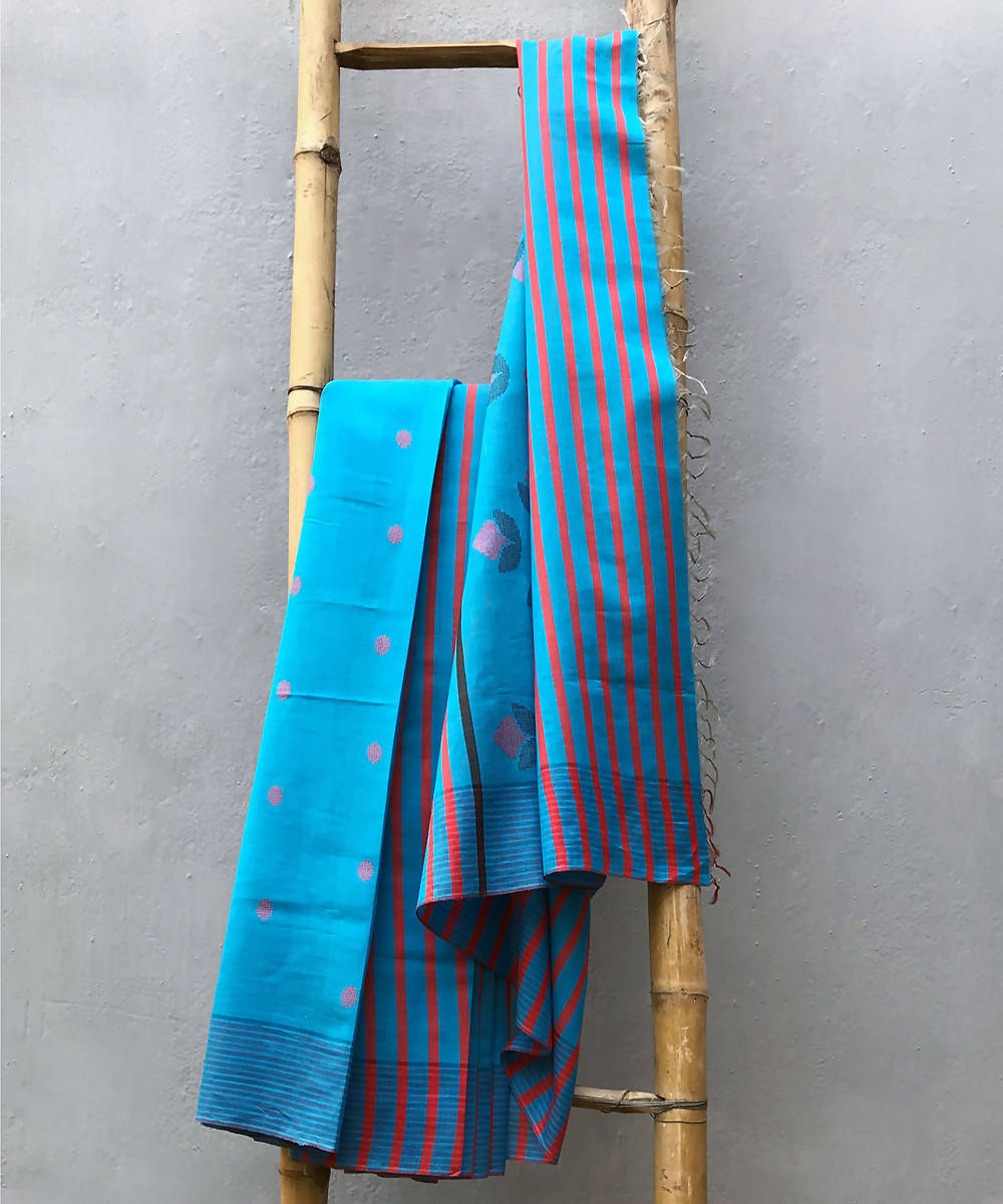 Blue handwoven extra weft cotton silk Saree