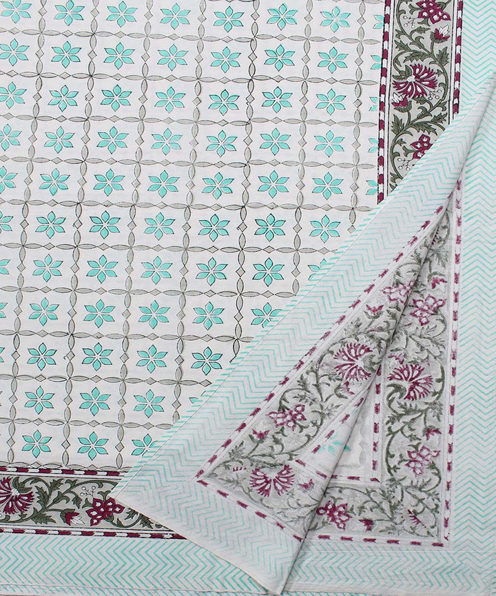 White green cotton hand block print floral bedsheet