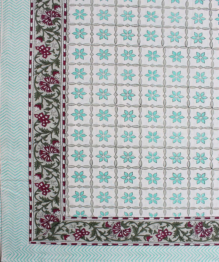 White green cotton hand block print floral bedsheet