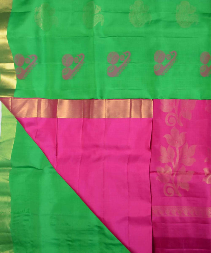 Parrot Green Pink Handloom Embossed Work Soft Silk Saree