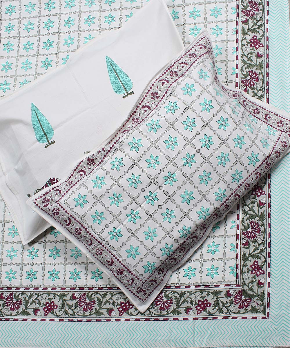 White green cotton hand block print floral bedsheet