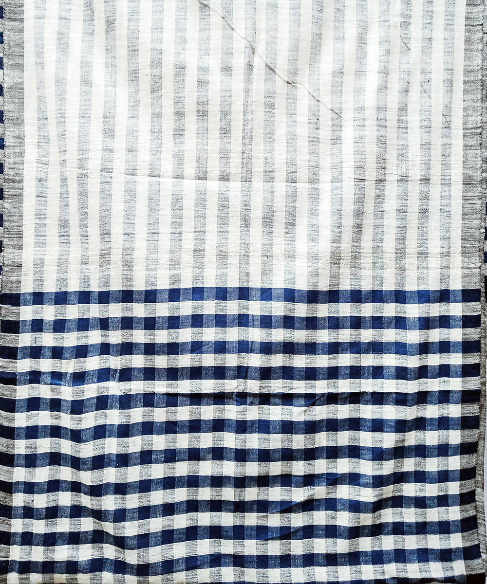 Blue white handspun handwoven cotton saree