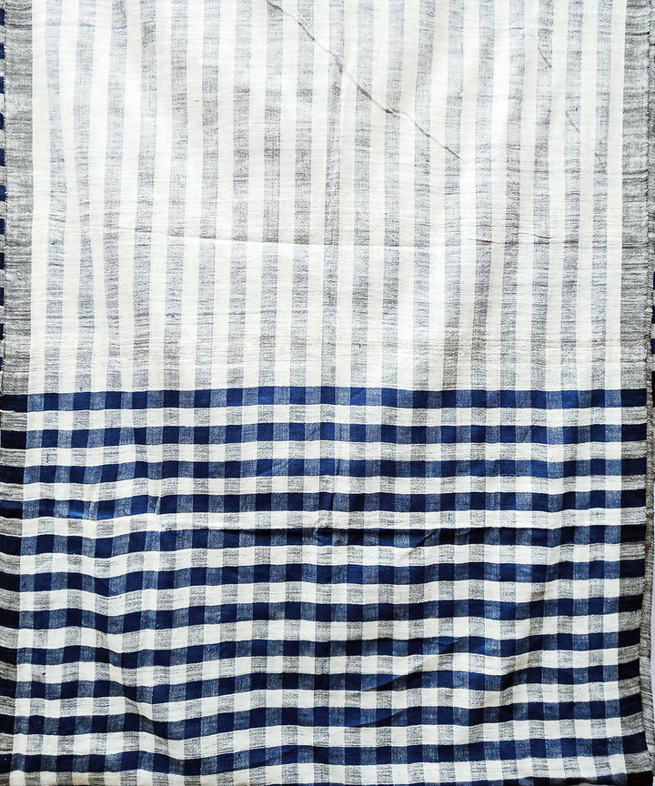Blue white handspun handwoven cotton saree