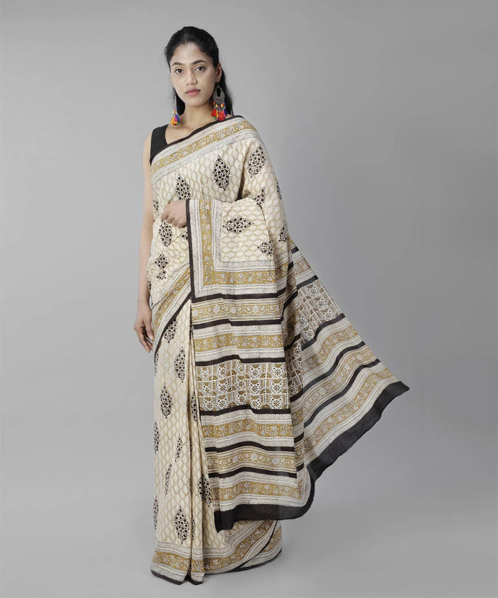 Beige cream bagru handblock printed cotton saree