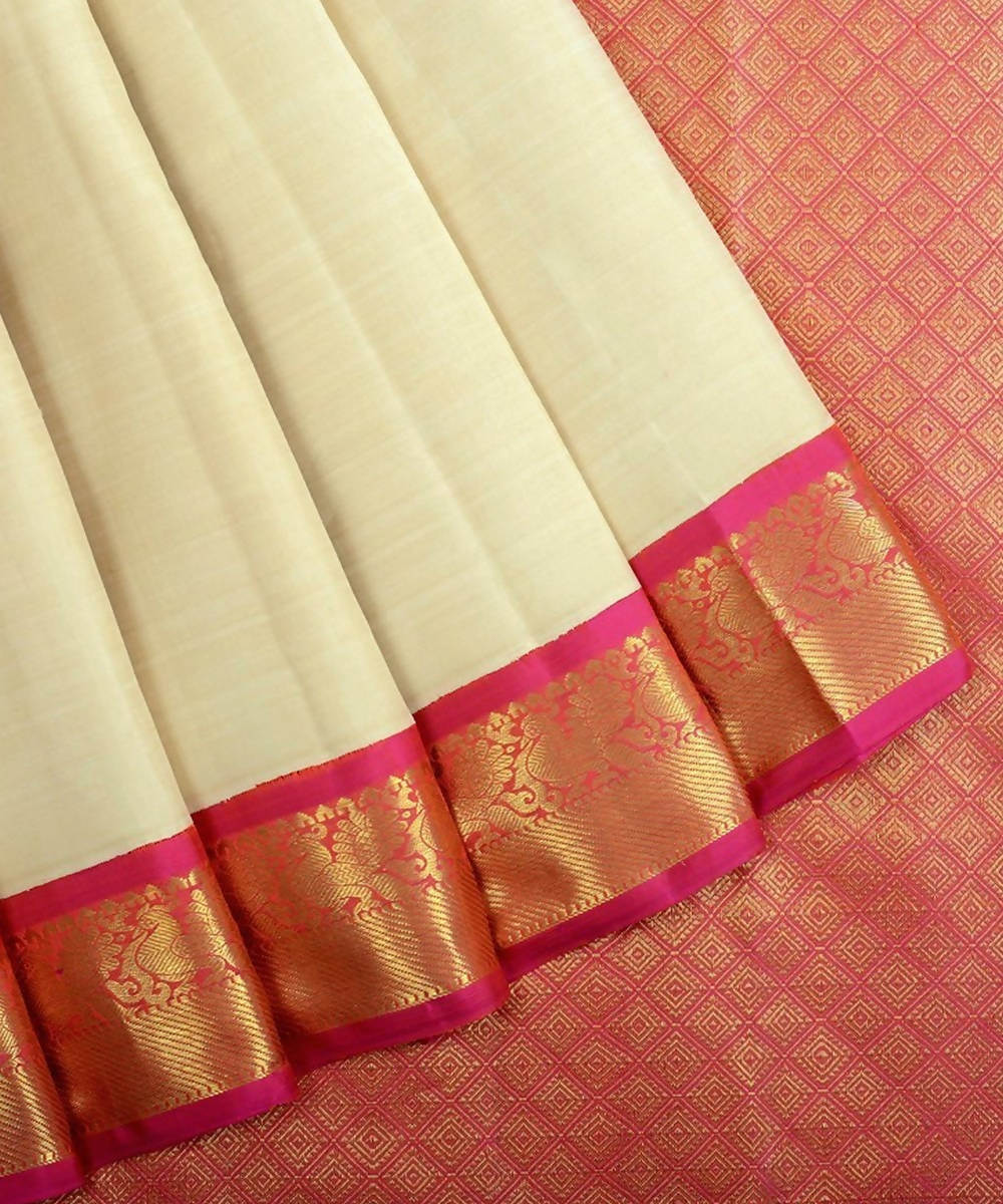 Off white and pink handloom kanjivaram bridal silk saree