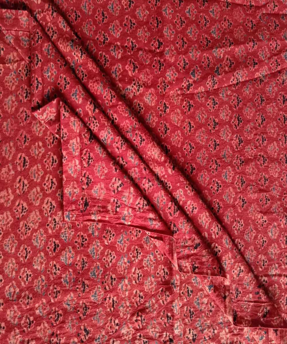 Red natural dye ajrakh block printed handspun handloom cotton fabric