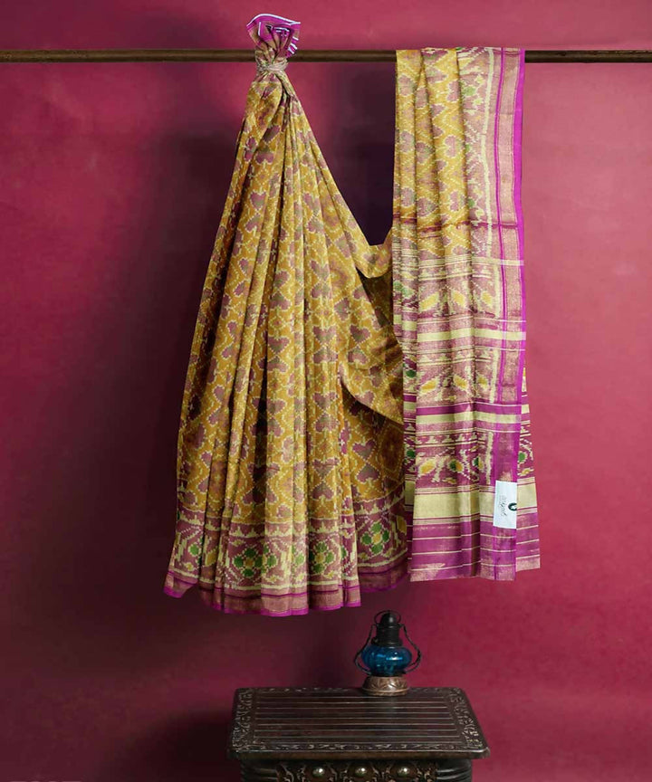 Mustard yellow pink handwoven patola silk saree