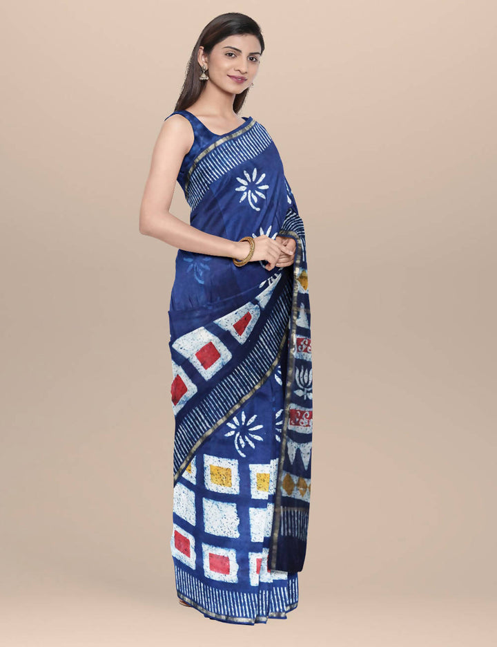 Navy Handwoven and Batik Chanderi cotton silk Saree