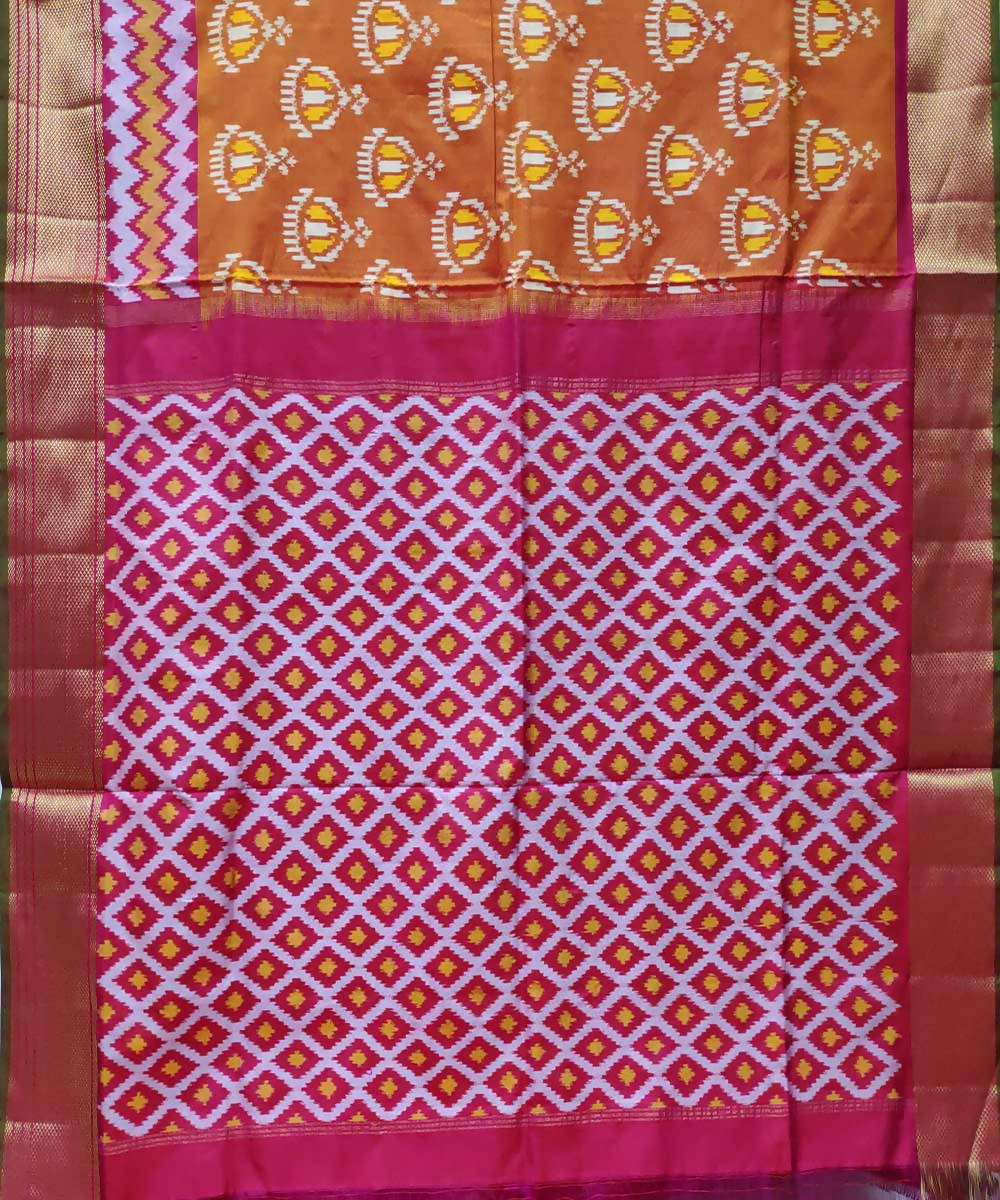 Mustard with red handwoven ikkat silk pochampally saree