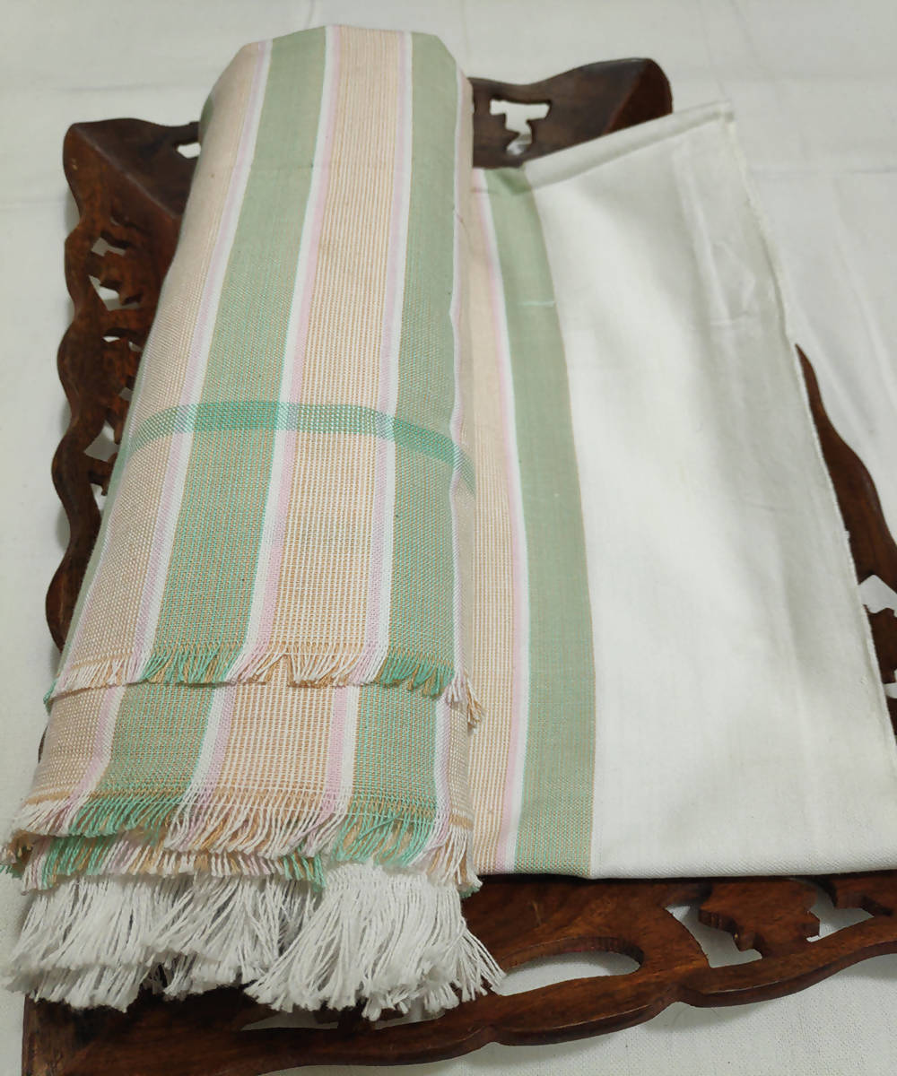 Beige and green stripes handwoven cotton towel