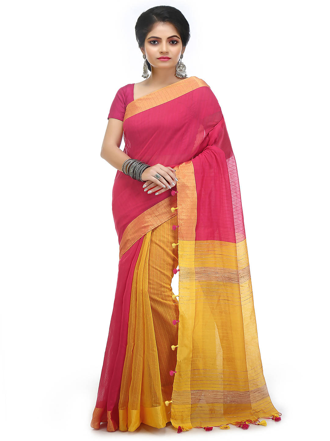Pink yellow bengal handloom cotton blend saree