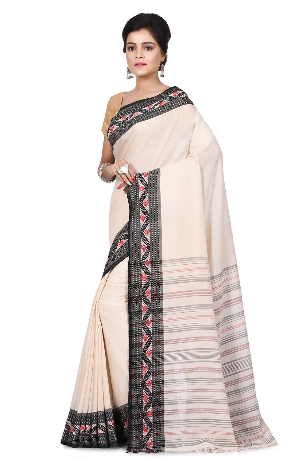 Bengal Handloom White Mercerised cotton saree