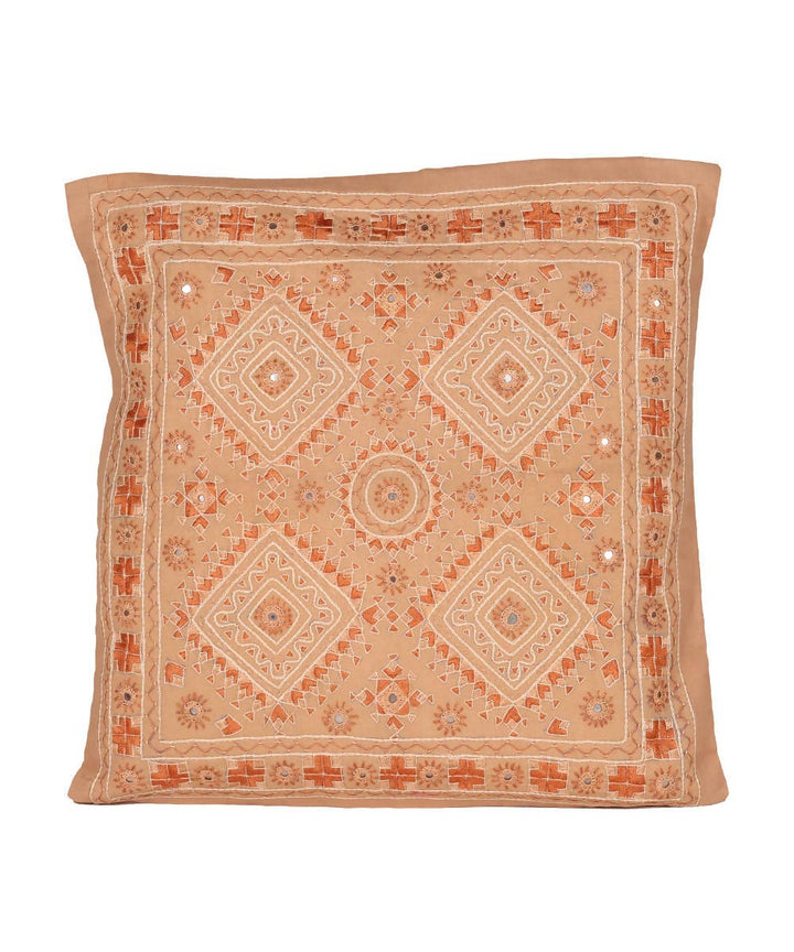 Biscuit beige handcrafted neeran embroidery cotton cushion cover