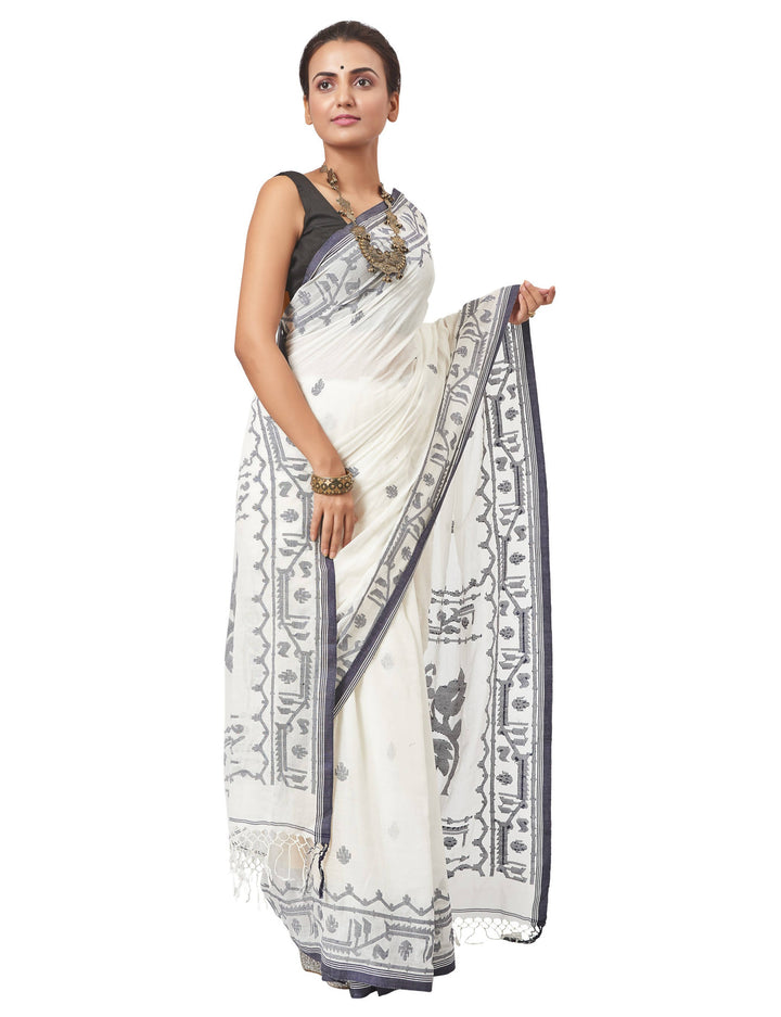 Biswa bangla handwoven white muslin saree