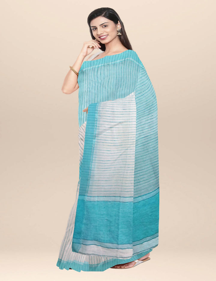 Off white blue handwoven bengal cotton saree