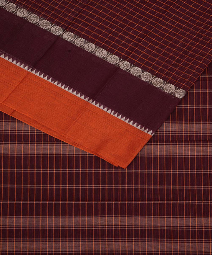 Dark brown checks cotton handwoven narayanapet saree